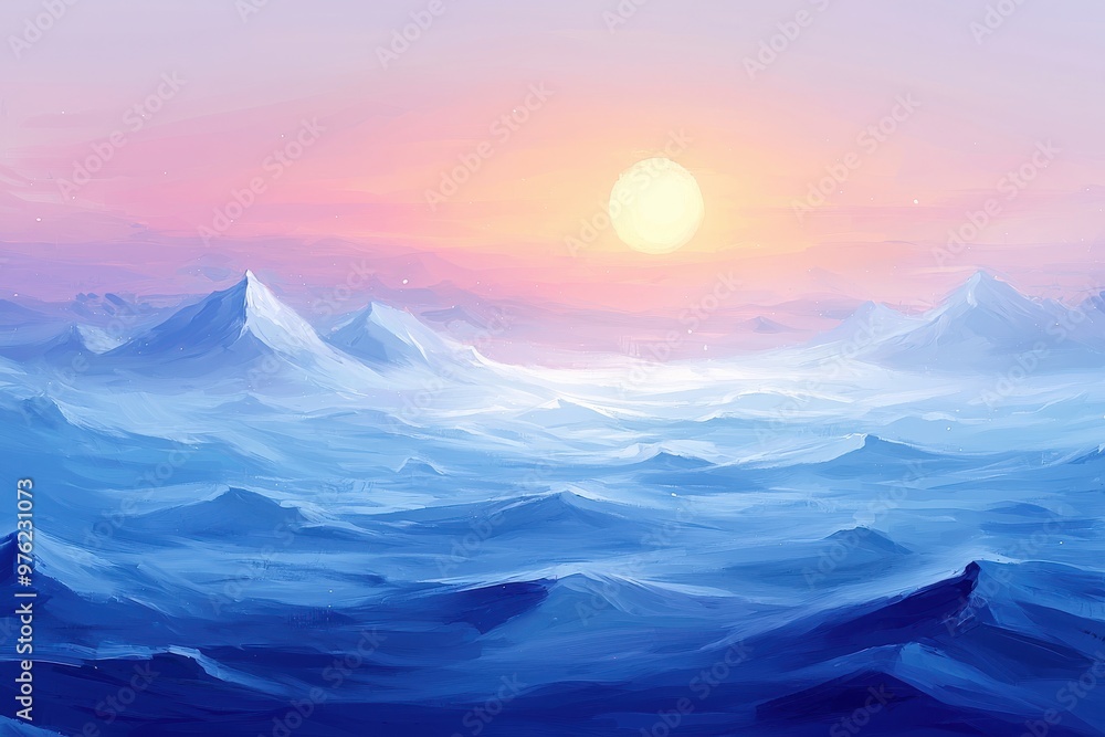 Serene mountain landscape with pastel sky at sunrise or sunset Serene mountain landscape with pastel sky at sunrise or sunset