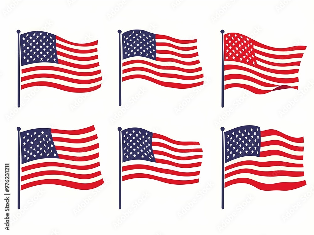 A collection of six stylized American flags waving in different directions. A collection of six stylized American flags waving in different directions.