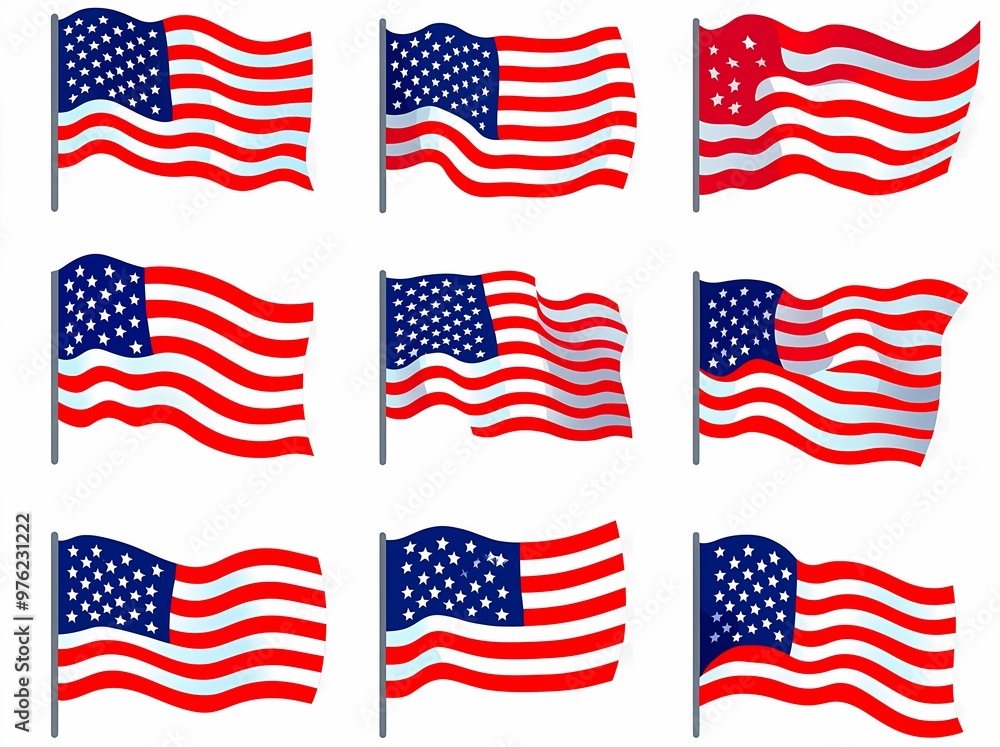 Nine variations of the American flag, showcasing different styles and designs. Nine variations of the American flag, showcasing different styles and designs.