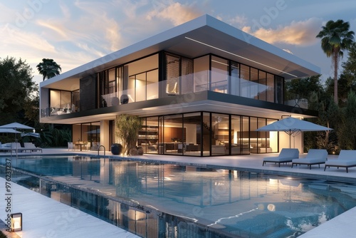 Wallpaper Mural A stunning luxury villa features expansive glass walls and a beautiful swimming pool, with palm trees framing the elegant outdoor space as twilight sets in. Torontodigital.ca