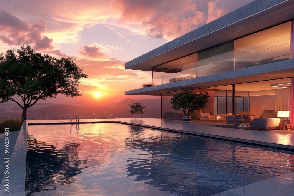 Fototapeta premium A contemporary villa features large glass windows reflecting a stunning sunset, with a stylish pool and lush greenery enhancing the peaceful atmosphere.
