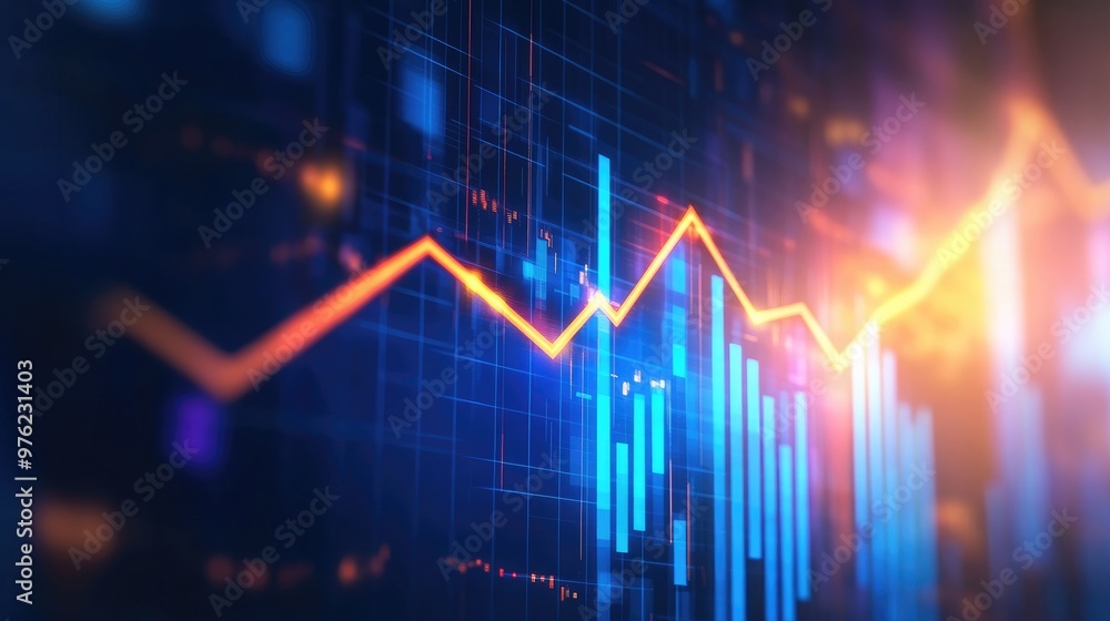 Abstract financial chart with upward trend line and blue bars on a dark background. Abstract financial chart with upward trend line and blue bars on a dark background.