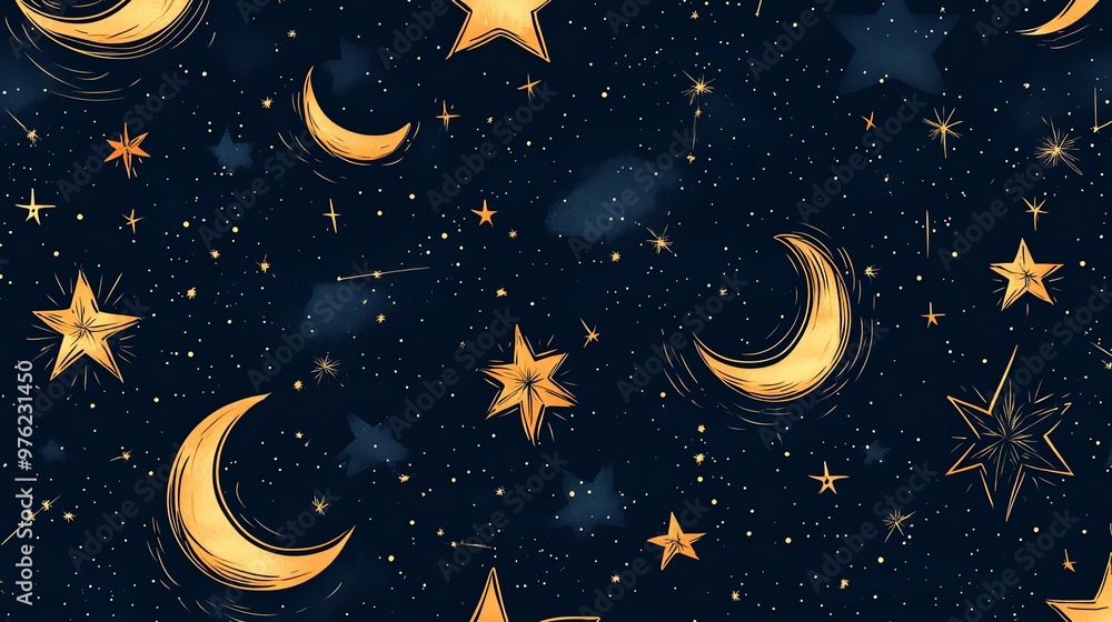 A seamless pattern featuring gold moons and stars on a dark blue background. A seamless pattern featuring gold moons and stars on a dark blue background.
