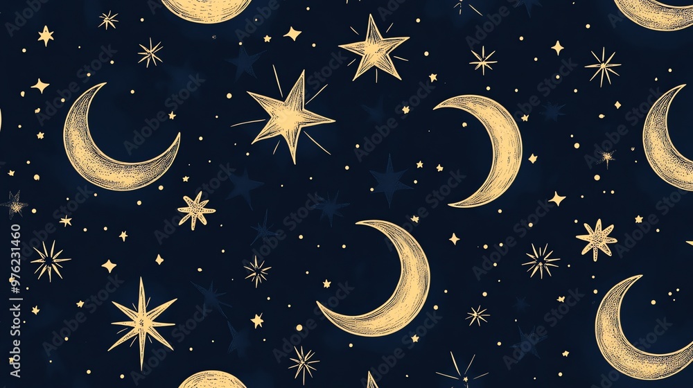 Gold celestial pattern on a dark blue background. Gold celestial pattern on a dark blue background.