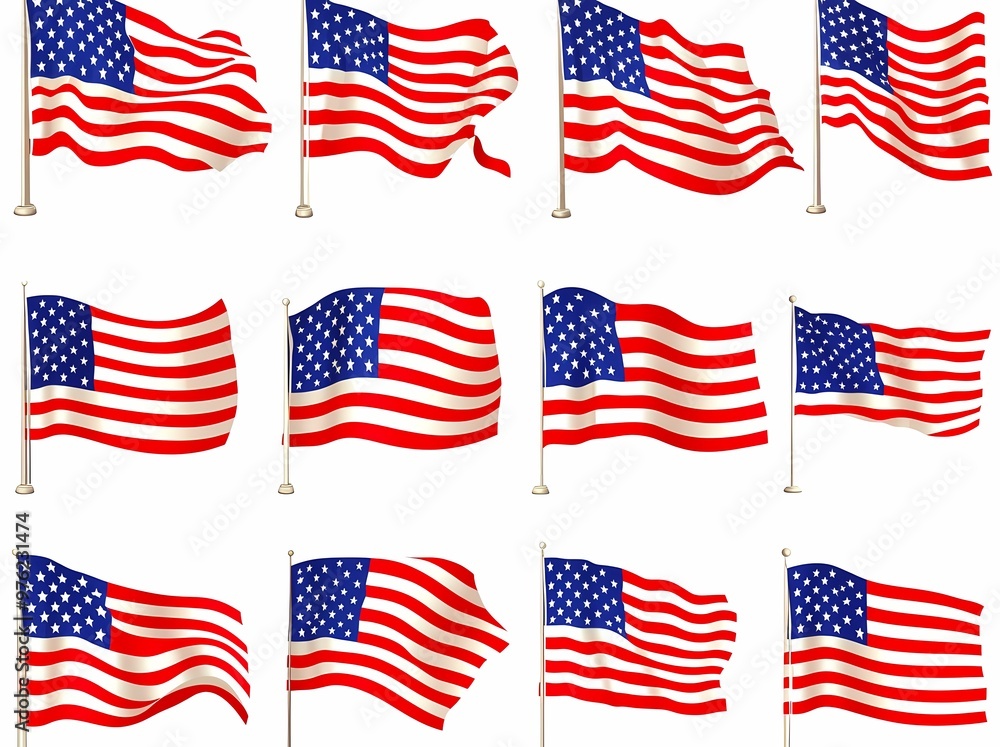 Various waving American flags in a vibrant display of patriotism. Various waving American flags in a vibrant display of patriotism.
