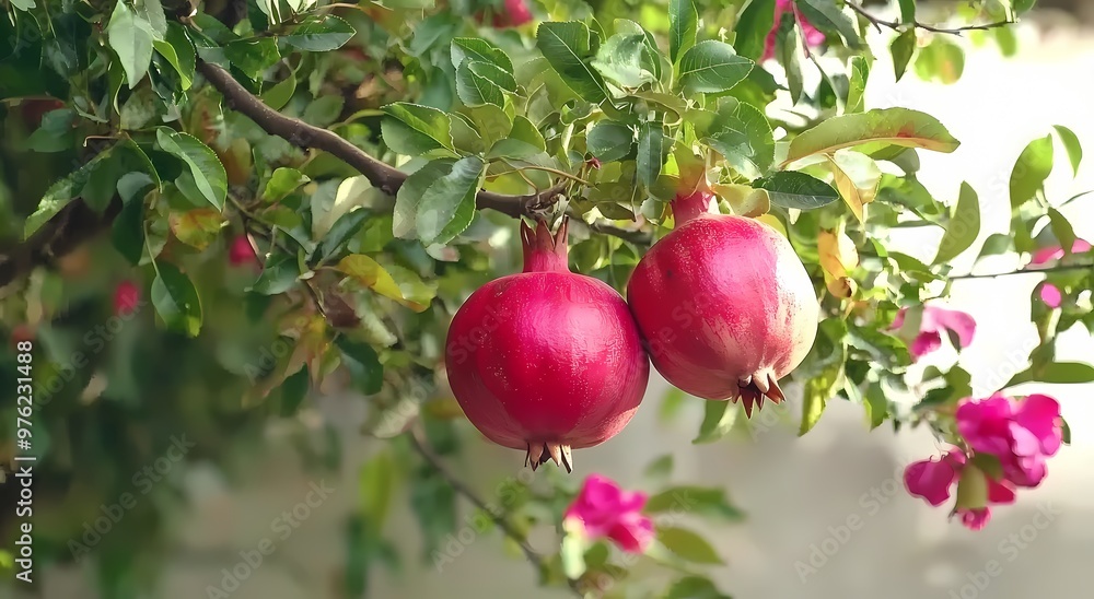 Two ripe pomegranates hanging on a lush green tree branch. Two ripe pomegranates hanging on a lush green tree branch.