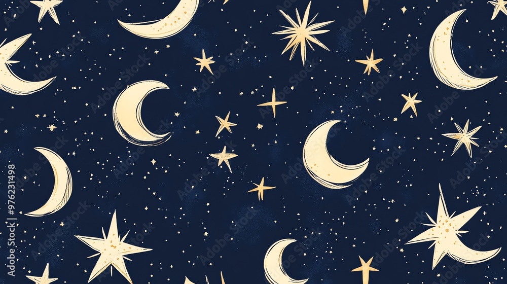 Seamless pattern of moons and stars on a dark blue background. Seamless pattern of moons and stars on a dark blue background.
