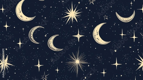 Hand drawn celestial seamless pattern with crescent moons and stars on a dark blue background.