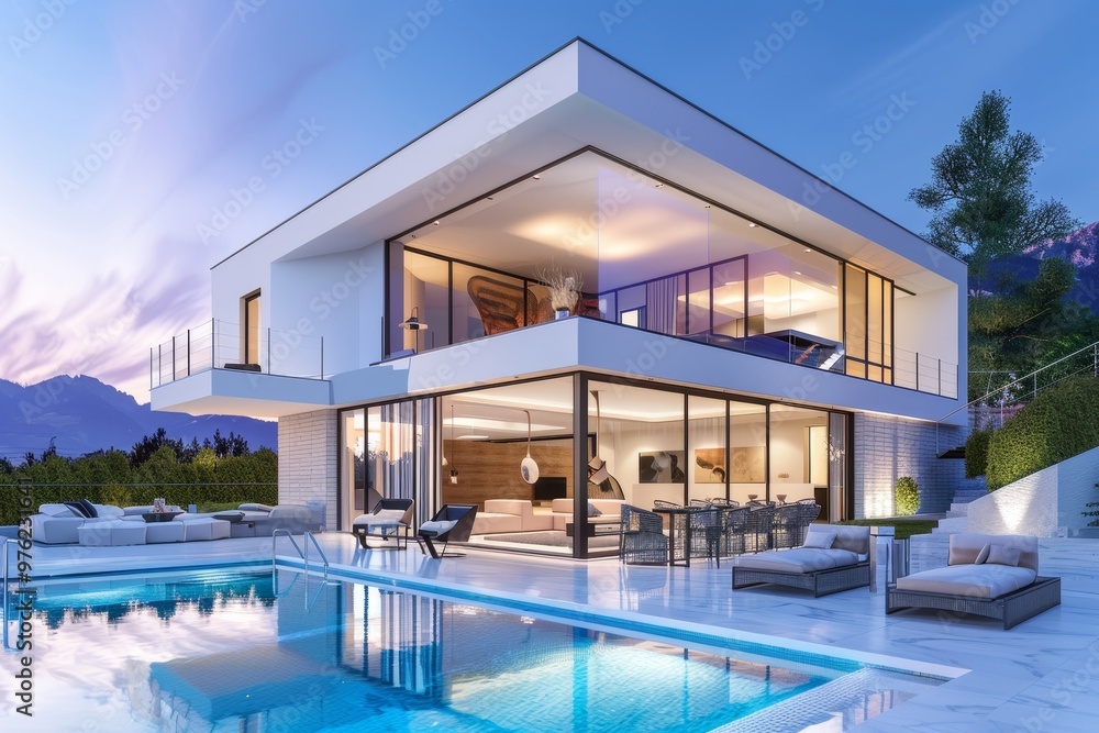Fototapeta premium A contemporary villa showcases large glass windows reflecting the twilight sky, with a stylish outdoor pool and inviting lounge area surrounded by nature.