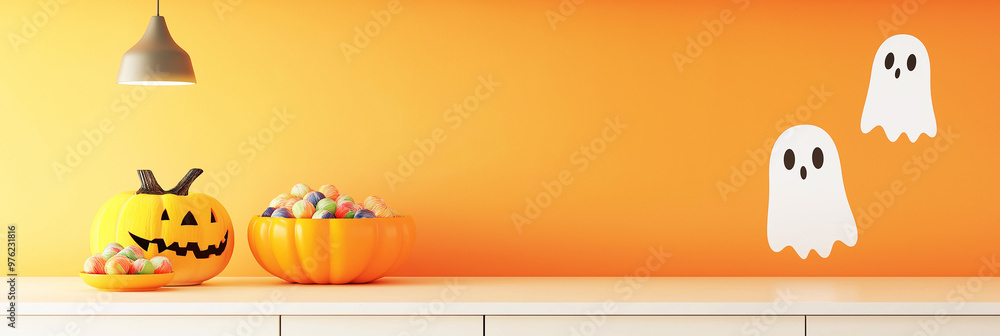 Naklejka premium Table with jack o lantern bucket filled with trick or treats candy, orange wall background with cute ghost stickers