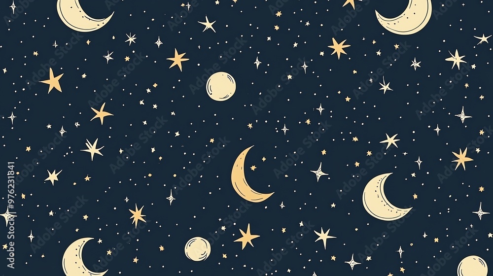 Naklejka premium Seamless pattern with yellow crescent moons and stars on a dark blue background.