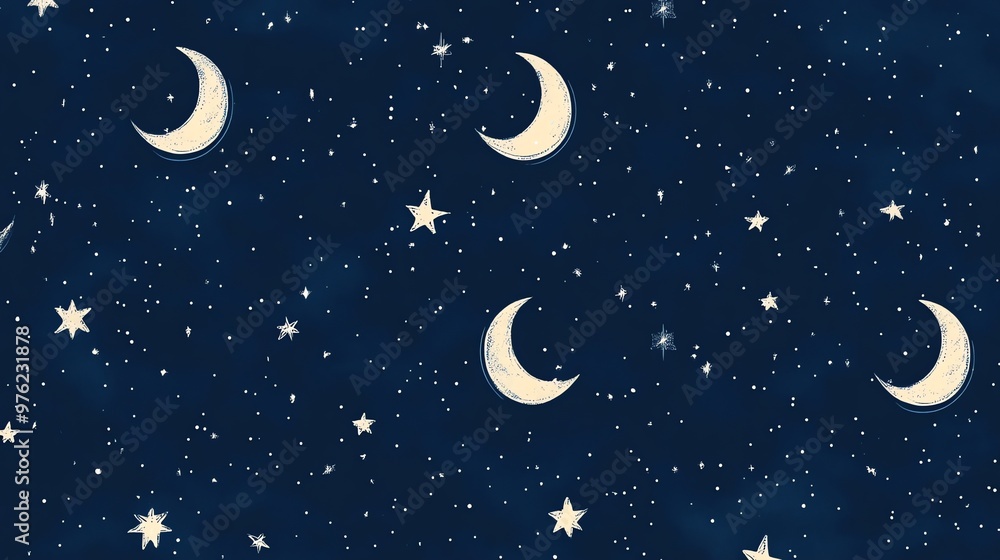 Naklejka premium Hand drawn crescent moons and stars on a dark blue background.
