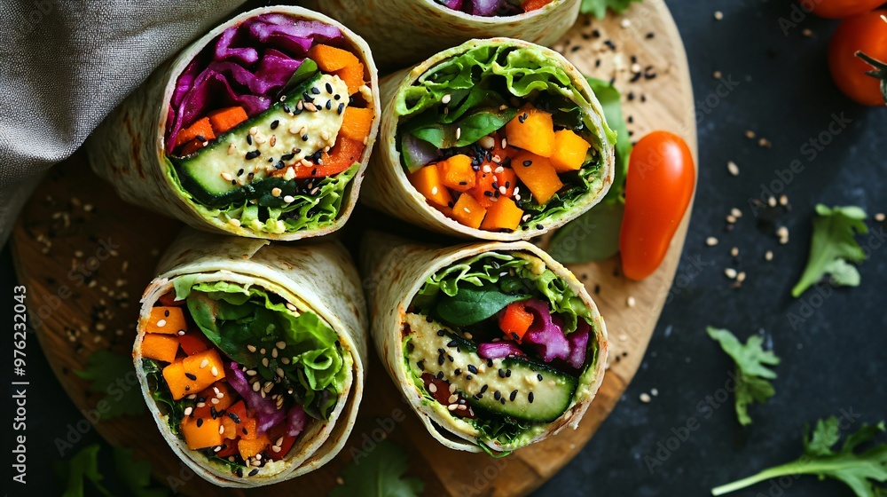 Closeup of four colorful veggie wraps with lettuce, red cabbage, carrots, zucchini, and black sesame seeds on a wooden cutting board. Closeup of four colorful veggie wraps with lettuce, red cabbage, carrots, zucchini, and black sesame seeds on a wooden cutting board.