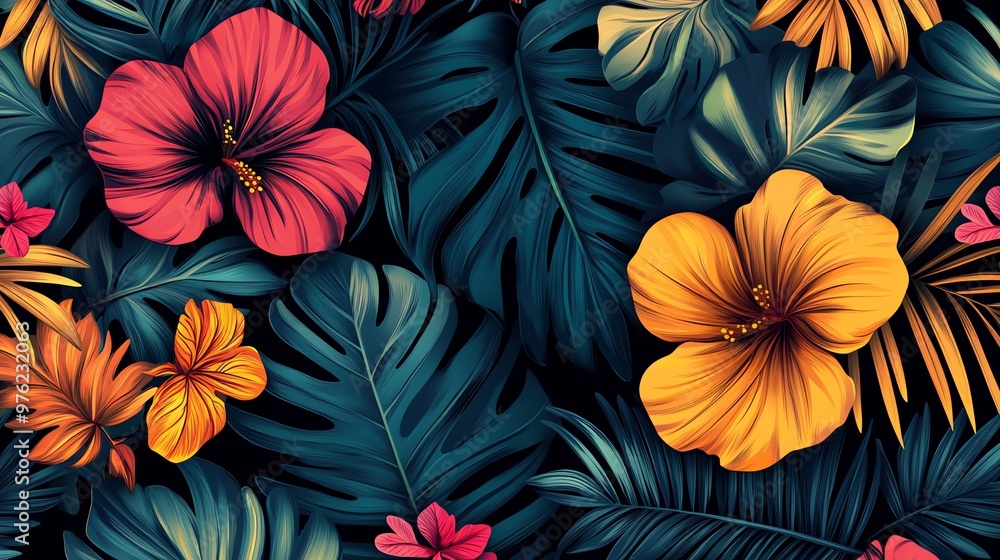 A vibrant tropical pattern of bright yellow and red flowers with lush green leaves. A vibrant tropical pattern of bright yellow and red flowers with lush green leaves.
