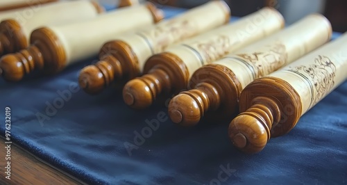 Artisan wooden rolling pins displayed elegantly on a dark velvet background.