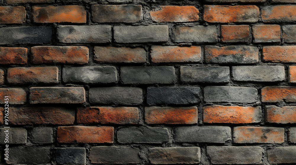 Obraz premium Weathered brick wall with red and black tones featuring a rough texture and copy space