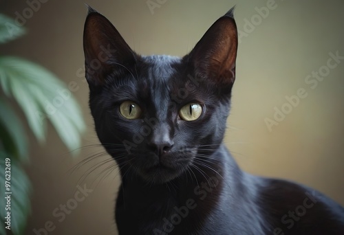 A sleek, black cat with striking yellow eyes is standing on a stone ledge