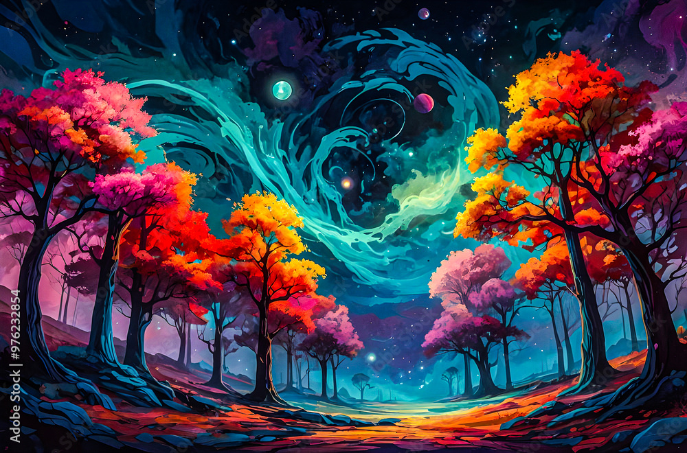 An abstract landscape featuring towering, otherworldly trees with glowing, neon leaves watercolor oil painting vector art illustration.
An abstract landscape featuring towering, otherworldly trees with glowing, neon leaves watercolor oil painting vector art illustration.