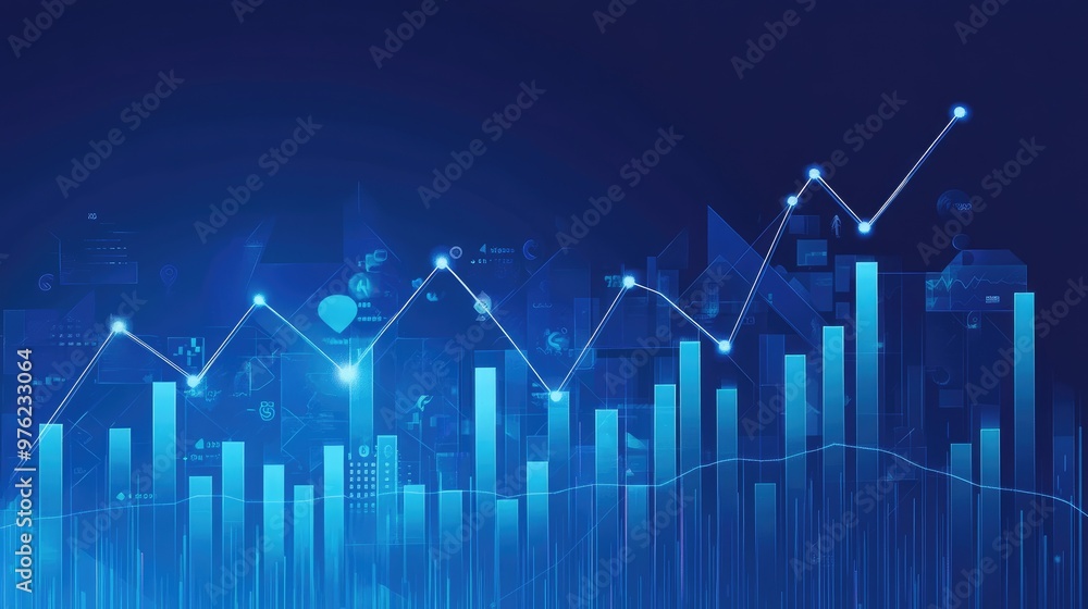 Abstract blue background with rising charts and data. Abstract blue background with rising charts and data.