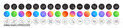 Statistics, Face search and Education line icons. Round icon gradient buttons. Pack of Employees teamwork, Full rotation, Time change icon. Vector