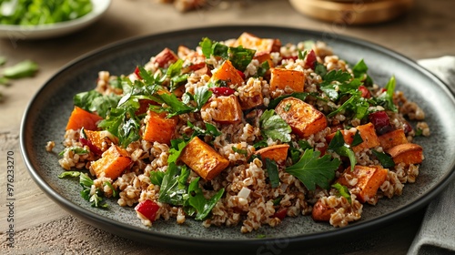 Close-up of a bowl of salad with roasted pumpkin and greens.