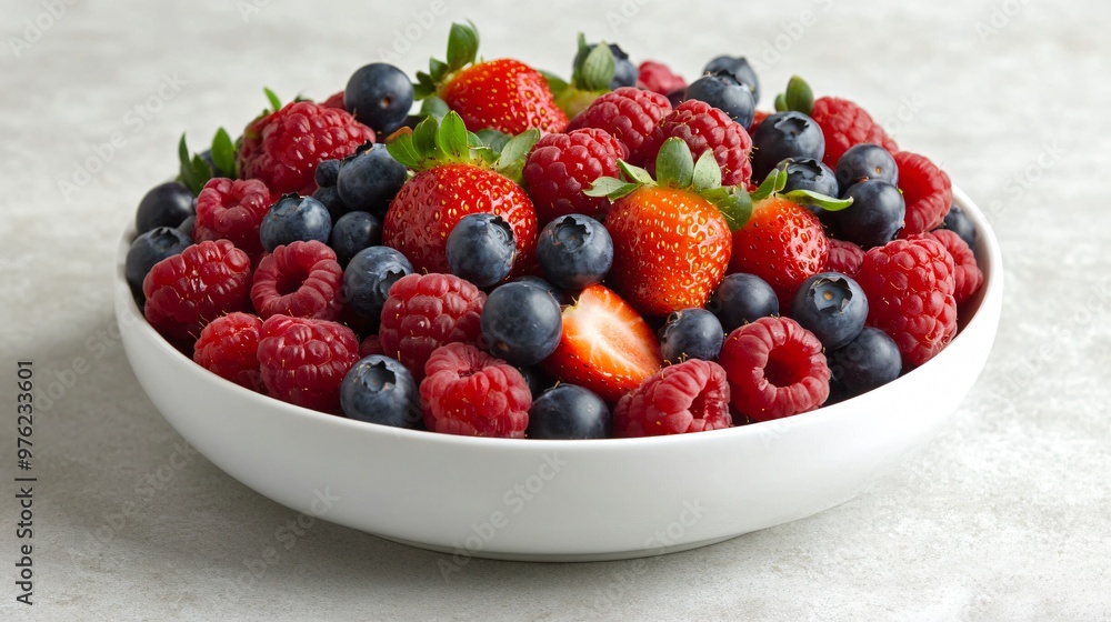 A close-up of a bowl filled with fresh blueberries, raspberries, and strawberries.