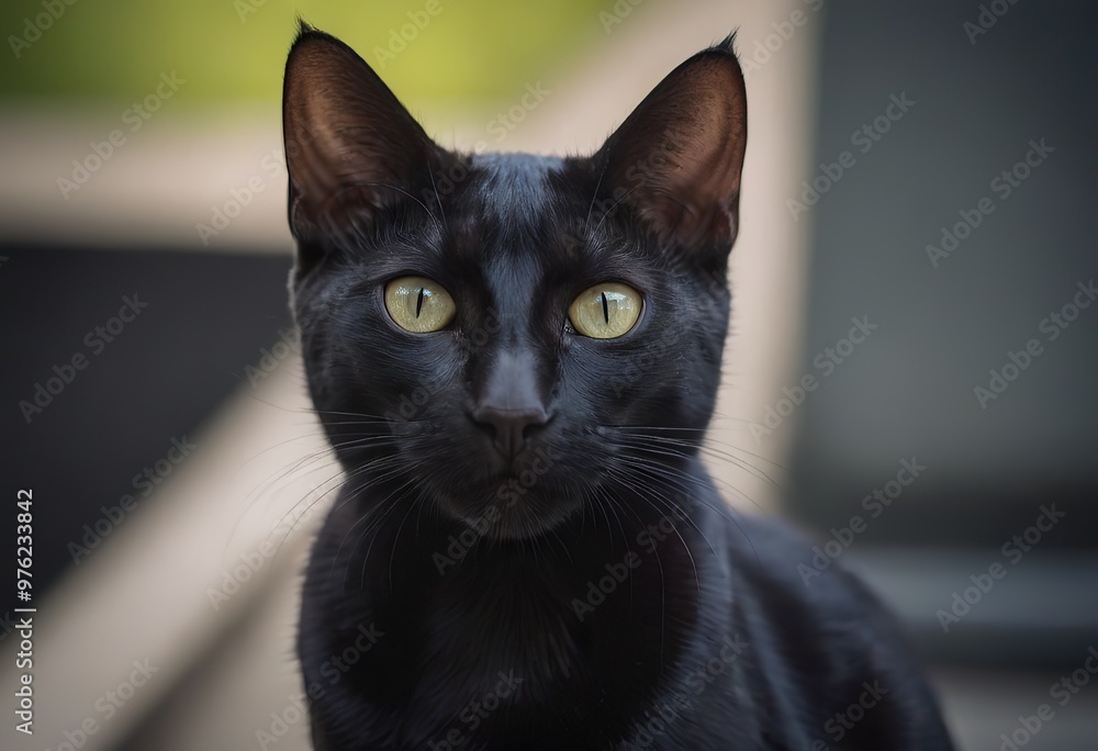 A sleek, black cat with striking yellow eyes is standing on a stone ledge A sleek, black cat with striking yellow eyes is standing on a stone ledge