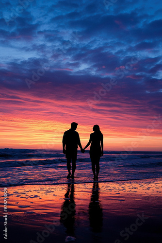 Paar spaziert am Meer bei Sonnenuntergang 