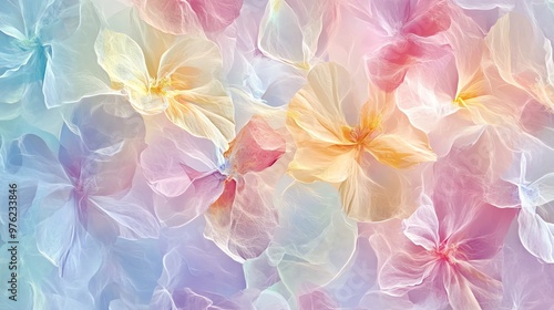 Close-up of delicate, pastel-colored flowers with soft, dreamy light.