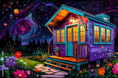 A whimsical tiny house with glowing windows, sitting amidst an abstract garden of wildflowers watercolor oil painting vector art illustration. 