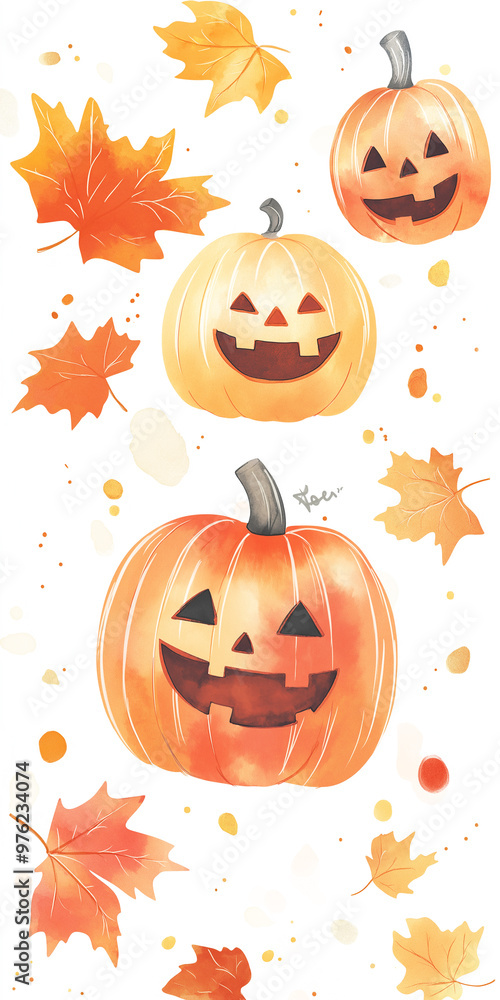 Cute watercolor styled smiling jack o lantern pumpkin with autumn leaf decor, vertical background Cute watercolor styled smiling jack o lantern pumpkin with autumn leaf decor, vertical background