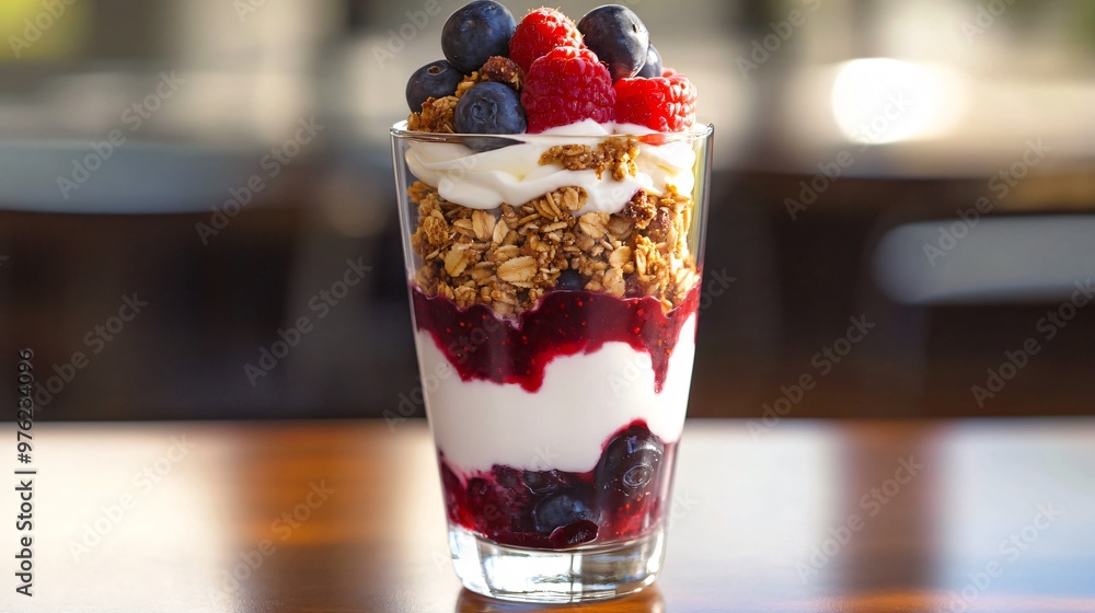 A glass of yogurt parfait with granola, blueberries, and raspberries. A glass of yogurt parfait with granola, blueberries, and raspberries.