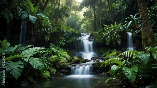 Waterfall in a lush green jungle.
