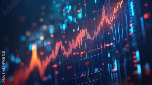 Abstract glowing lines and graphs on a dark background representing a financial market.