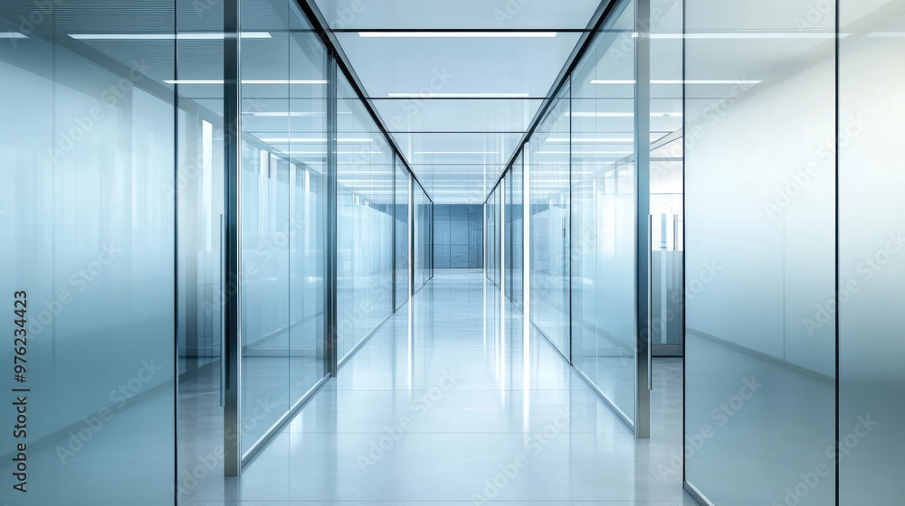 A modern, glass-walled corridor in a contemporary office space. A modern, glass-walled corridor in a contemporary office space.