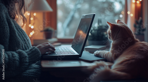 Woman working from home with cat on desk during cozy winter day