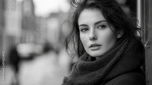 beautiful model having an autumn clothes photo session in a city, concept of lifestyle and fashion, hi res black and white 