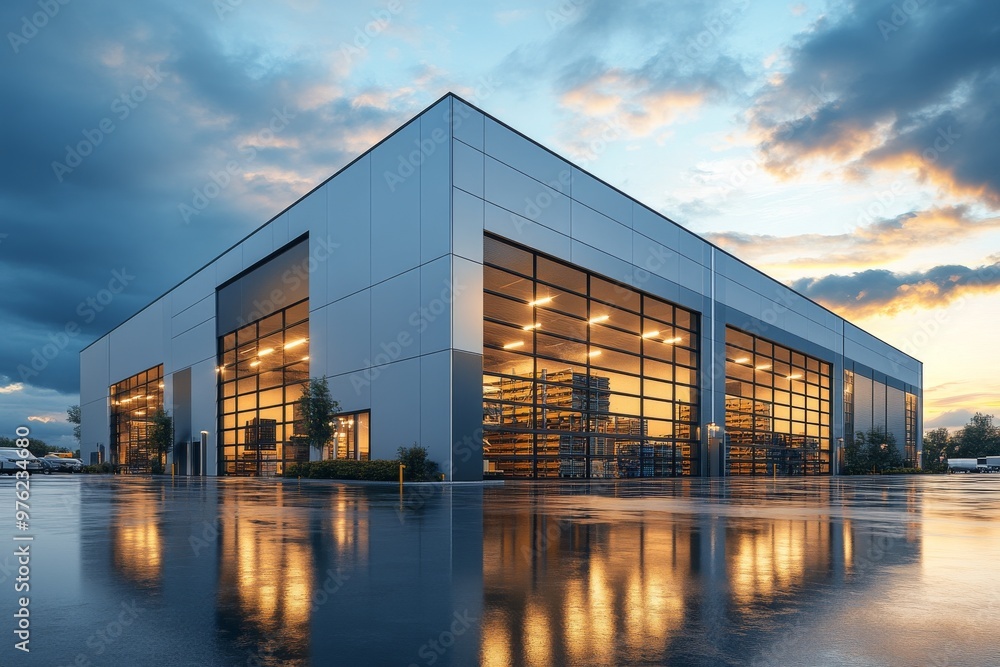 Modern Industrial Warehouse at Sunset Reflecting on Wet Pavement With Dramatic Clouds Modern Industrial Warehouse at Sunset Reflecting on Wet Pavement With Dramatic Clouds