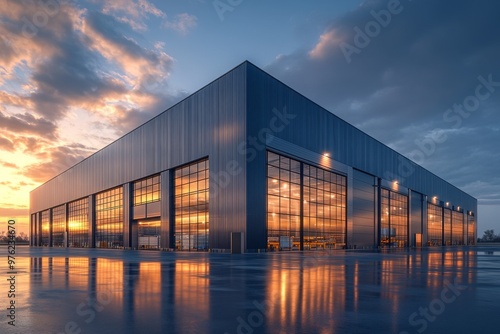 Modern Industrial Building Reflecting Sunset Hues in a Serene Outdoor Setting