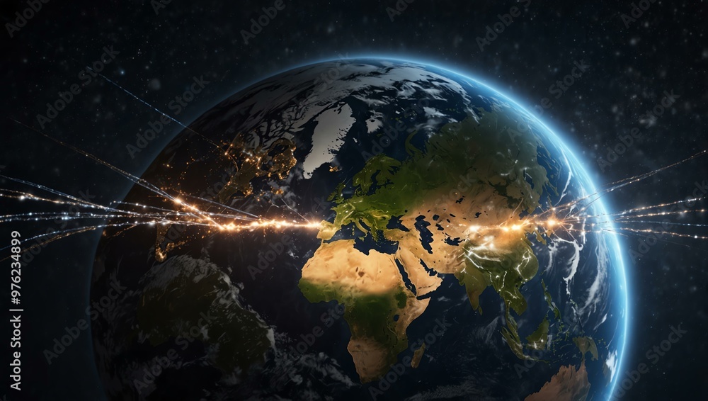 Weather satellites orbiting Earth, visualizing data streams. Weather satellites orbiting Earth, visualizing data streams.