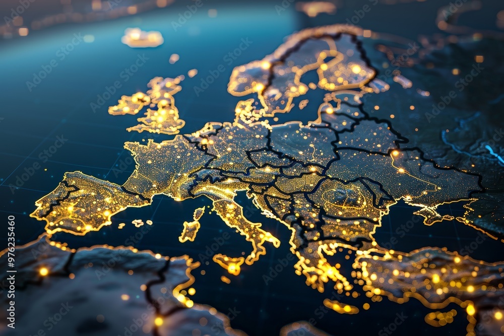 This aerial perspective highlights Europe at night, showcasing illuminated cities and intricate geographical outlines against a dark backdrop, emphasizing its diverse topography. This aerial perspective highlights Europe at night, showcasing illuminated cities and intricate geographical outlines against a dark backdrop, emphasizing its diverse topography.