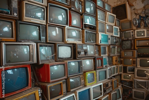 A wall is adorned with an impressive array of vintage televisions stacked chaotically in a dimly lit space, evoking a sense of nostalgia for retro technology. photo