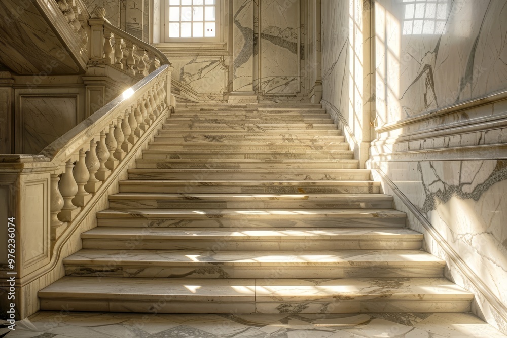 Obraz premium Warm sunlight streams through large windows, casting soft light across the intricately patterned marble staircase in a historic building, enhancing its grandeur.