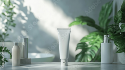 A mockup of an empty white skincare tube on the counter in front, in the bathroom photo