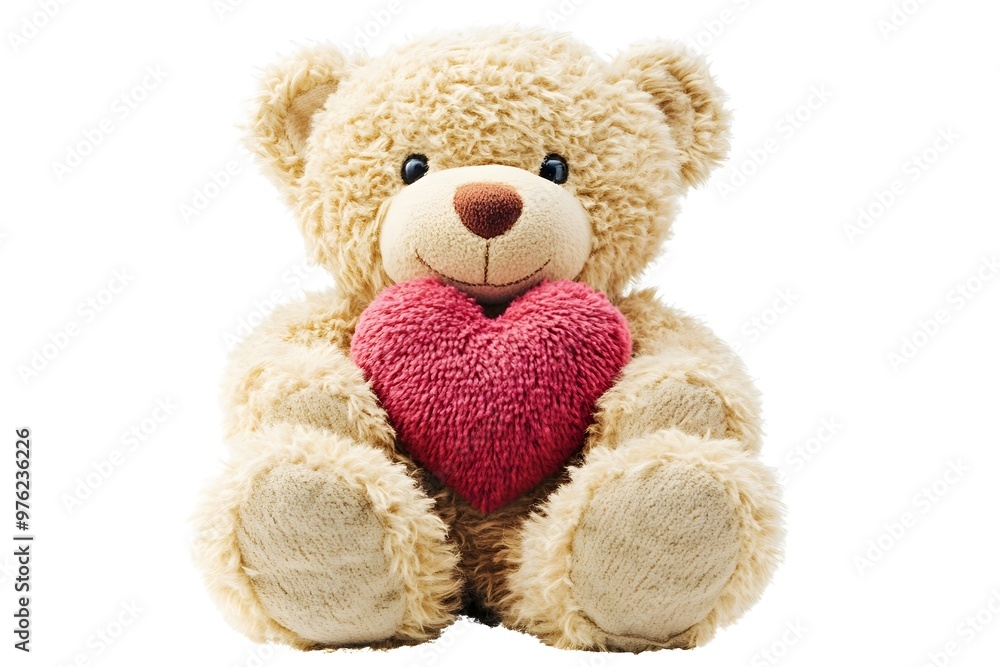 Obraz premium A cute teddy bear holding a soft red heart in its paws.