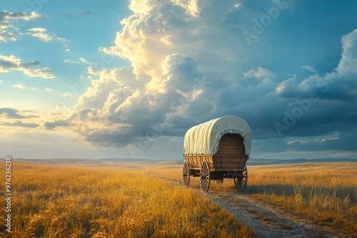 Pair of Wagons on a Dirt Path in a Golden Field Under Dramatic Clouds During Sunset