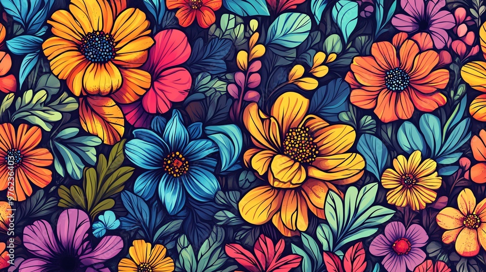 A seamless pattern of colorful flowers and leaves. A seamless pattern of colorful flowers and leaves.