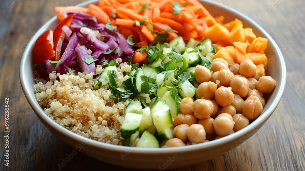 A bowl of quinoa, chickpeas, cucumbers, carrots, red onions, and sweet potatoes. A bowl of quinoa, chickpeas, cucumbers, carrots, red onions, and sweet potatoes.