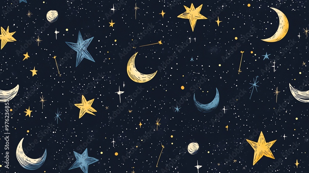 Seamless pattern with hand drawn stars and moons on dark blue background. Seamless pattern with hand drawn stars and moons on dark blue background.