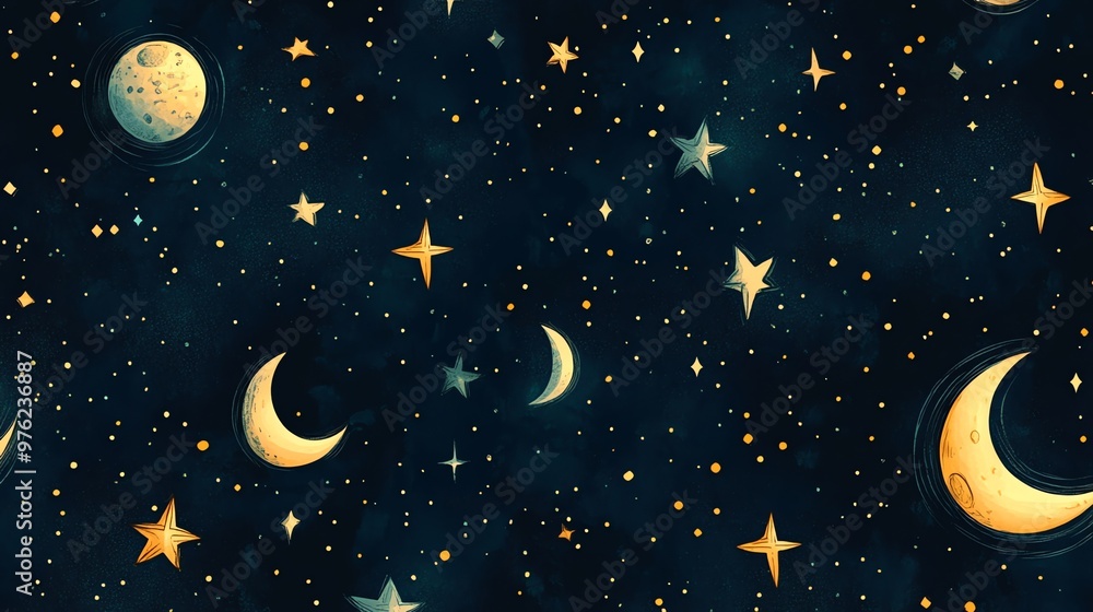 A whimsical, hand-drawn illustration of a starry night sky with crescent moons and stars. A whimsical, hand-drawn illustration of a starry night sky with crescent moons and stars.